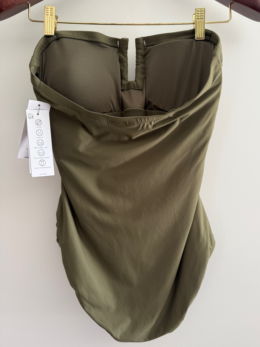 DKNY Olive Green Ruched One-Piece Swimsuit NWT Medium Strapless Tummy Control - Picture 7 of 9